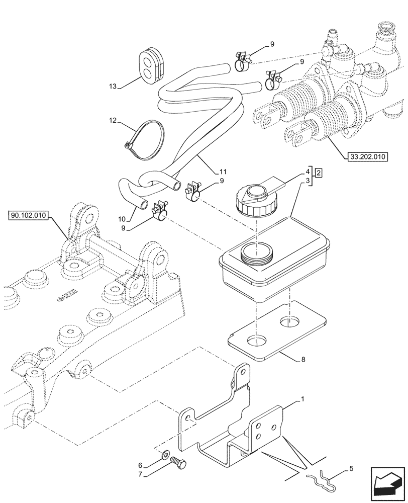 Схема запчастей Case IH FARMALL 80N - (33.202.020) - VAR - 743524, 759011 - BRAKE FLUID RESERVOIR (33) - BRAKES & CONTROLS