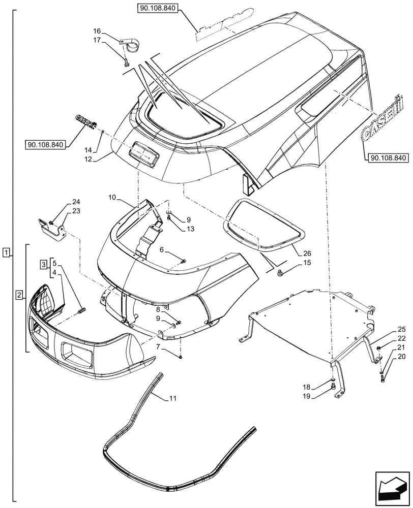 Схема запчастей Case IH FARMALL 110V - (90.100.010) - VAR - 759028, 759029, 759031, 759033 - HOOD (90) - PLATFORM, CAB, BODYWORK AND DECALS