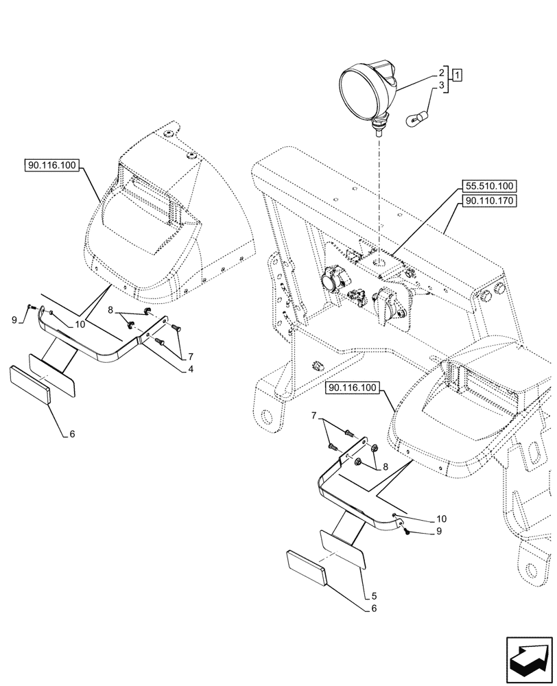 Схема запчастей Case IH FARMALL 80V - (55.404.170) - WORK LIGHT, REAR, NA, W/O CAB (55) - ELECTRICAL SYSTEMS