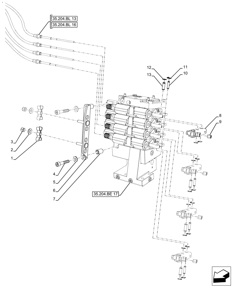 Схема запчастей Case IH FARMALL 140A - (35.204.BL[19]) - VAR - 429479, 429480 - REMOTE CONTROL VALVE, 4 ACTUATOR, NOT APPLY FOR NAR (35) - HYDRAULIC SYSTEMS