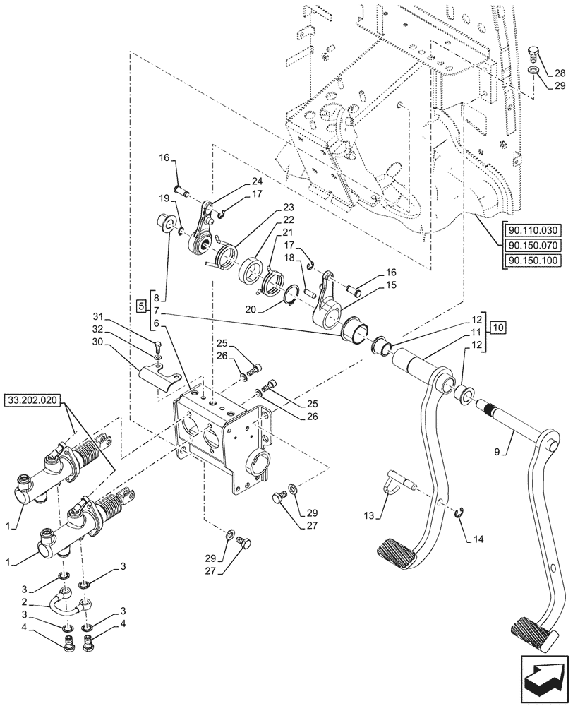 Схема запчастей Case IH FARMALL 90V - (33.202.010) - VAR - 759028, 759029, 759031, 759033 - BRAKE CYLINDER, PEDAL (33) - BRAKES & CONTROLS