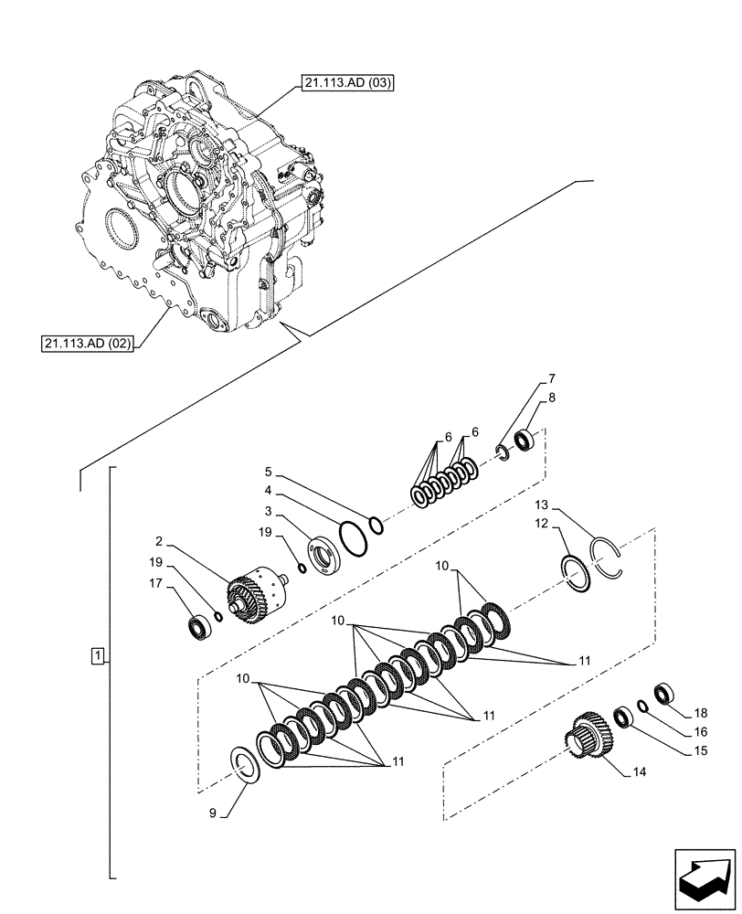 Схема запчастей Case IH FARMLIFT 635 - (21.155.AA[02]) - TRANSMISSION, POWERSHIFT, CLUTCH, KR (REVERSE) (21) - TRANSMISSION