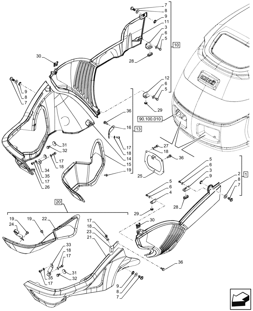 Схема запчастей Case IH FARMALL 110N - (90.100.020) - VAR - 759028, 759029, 759031, 759033 - HOOD (90) - PLATFORM, CAB, BODYWORK AND DECALS