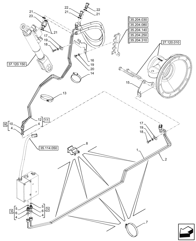 Схема запчастей Case IH FARMALL 80N - (35.124.030) - VAR - 743536 - 3 POINT HITCH, CYLINDER, RH, LINE (35) - HYDRAULIC SYSTEMS