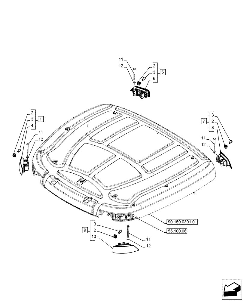 Схема запчастей Case IH PUMA 170 - (55.404.06) - CAB ROOF, TURN SIGNAL LIGHT, L/ HIGH VISIBILITY PANEL - NA (STD+VAR.729095-743228) (55) - ELECTRICAL SYSTEMS