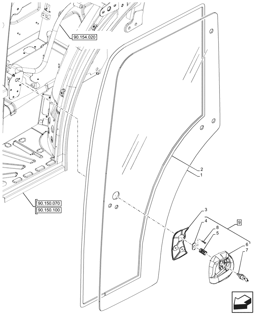 Схема запчастей Case IH FARMALL 110N - (90.154.010) - VAR - 759031, 759033 - DOOR HANDLE, HINGE, CAB (90) - PLATFORM, CAB, BODYWORK AND DECALS