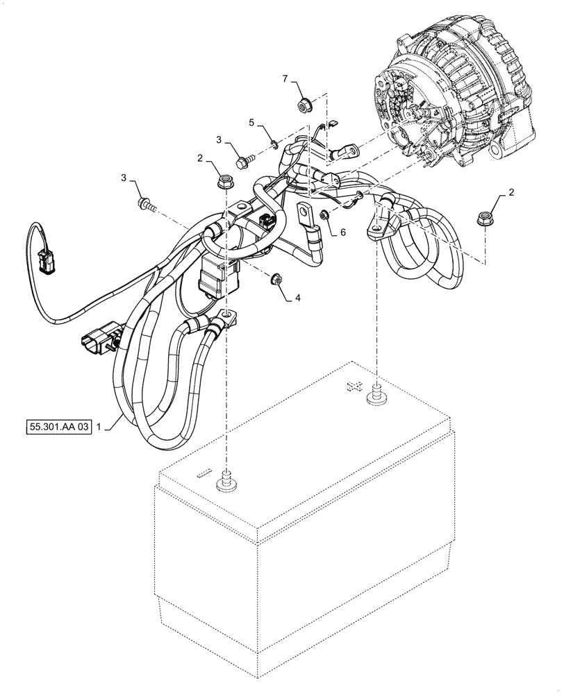 Схема запчастей Case IH 2150 - (55.301.AA[02]) - ALTERNATOR AND BATTERY HARNESS MOUNTING (55) - ELECTRICAL SYSTEMS