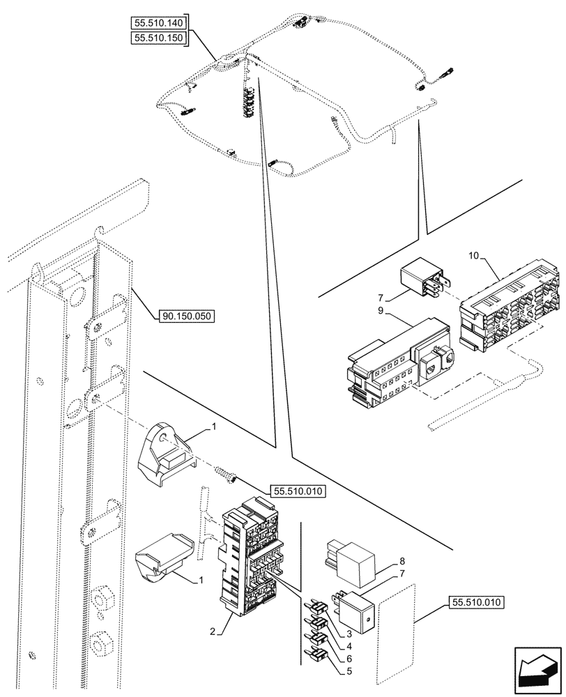 Схема запчастей Case IH FARMALL 110N - (55.100.090) - VAR - 759031, 759033 - FUSE BOX, ROOF, CAB (55) - ELECTRICAL SYSTEMS