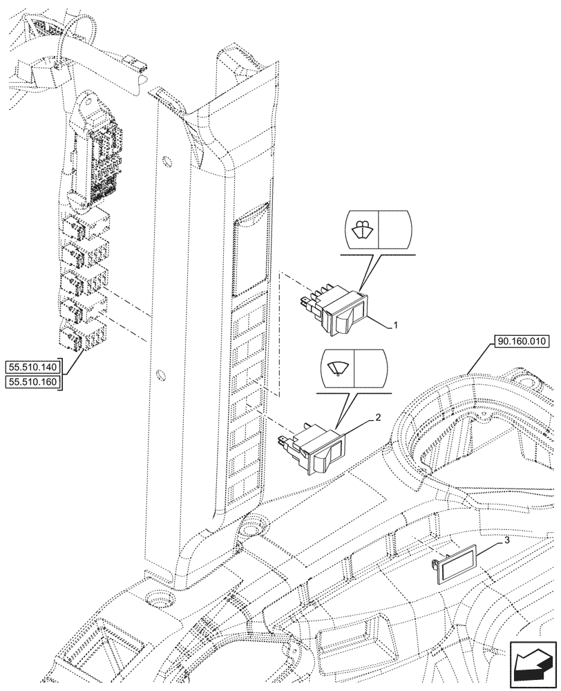 Схема запчастей Case IH FARMALL 110N - (55.518.040) - VAR - 759031, 759033 - WINDSHIELD, WIPER AND WASHER, SWITCH, CAB (55) - ELECTRICAL SYSTEMS
