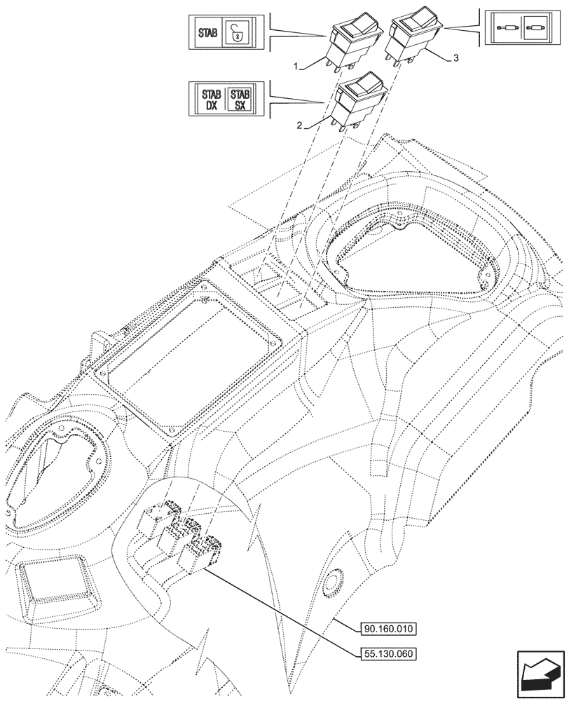 Схема запчастей Case IH FARMALL 110N - (55.523.020) - VAR - 743536 - REAR, STABILIZER, THREE POINT HITCH SWITCH, CAB (55) - ELECTRICAL SYSTEMS