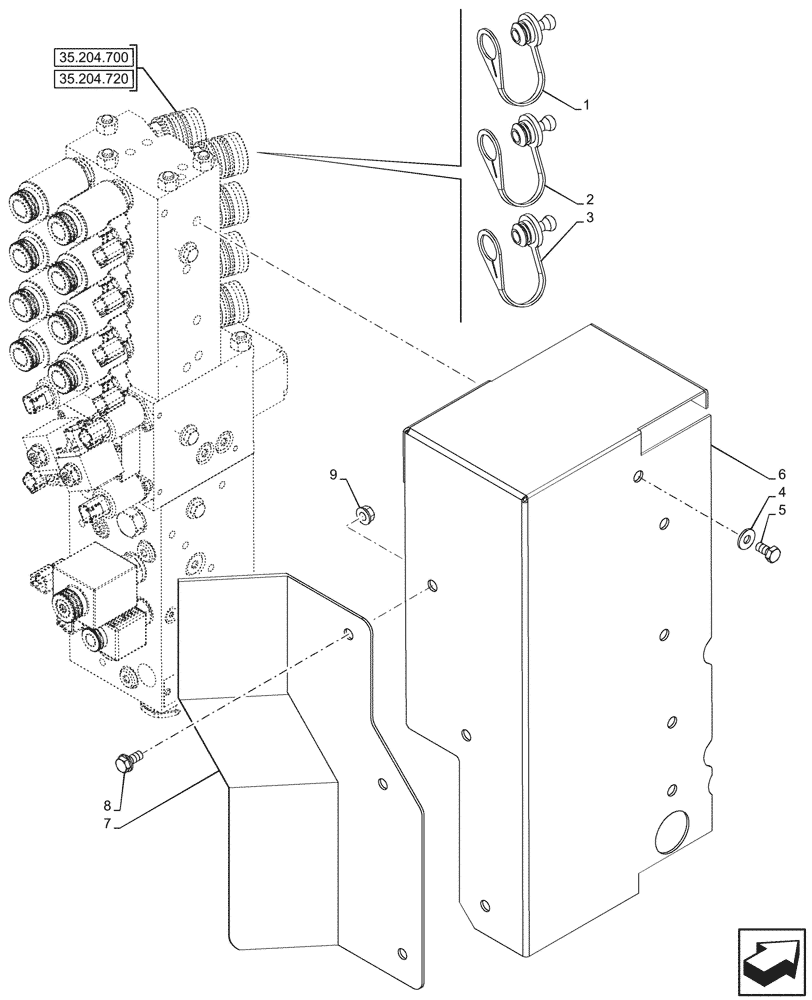 Схема запчастей Case IH FARMALL 90V - (35.204.760) - VAR - 743970 - MID-MOUNT CONTROL VALVE, DUST CAP, CAB (35) - HYDRAULIC SYSTEMS