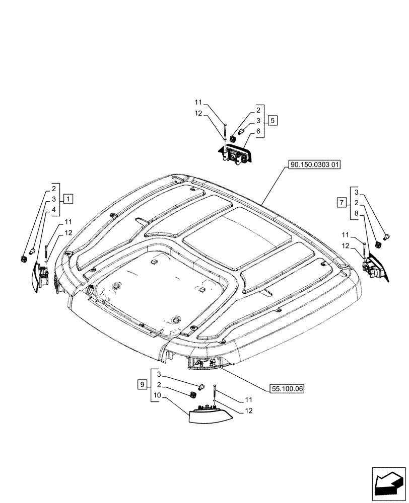 Схема запчастей Case IH PUMA 215 - (55.404.0601) - CAB ROOF, TURN SIGNAL LIGHT, W/ HIGH VISIBILITY PANEL - NA (VAR.729097-743229-743628) (55) - ELECTRICAL SYSTEMS