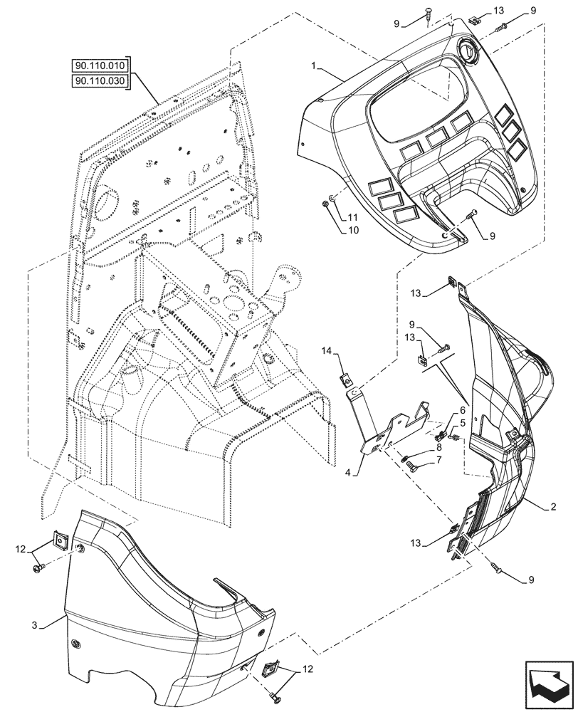 Схема запчастей Case IH FARMALL 80N - (90.110.200) - VAR - 759028, 759029 - DASHBOARD, W/O CAB (90) - PLATFORM, CAB, BODYWORK AND DECALS