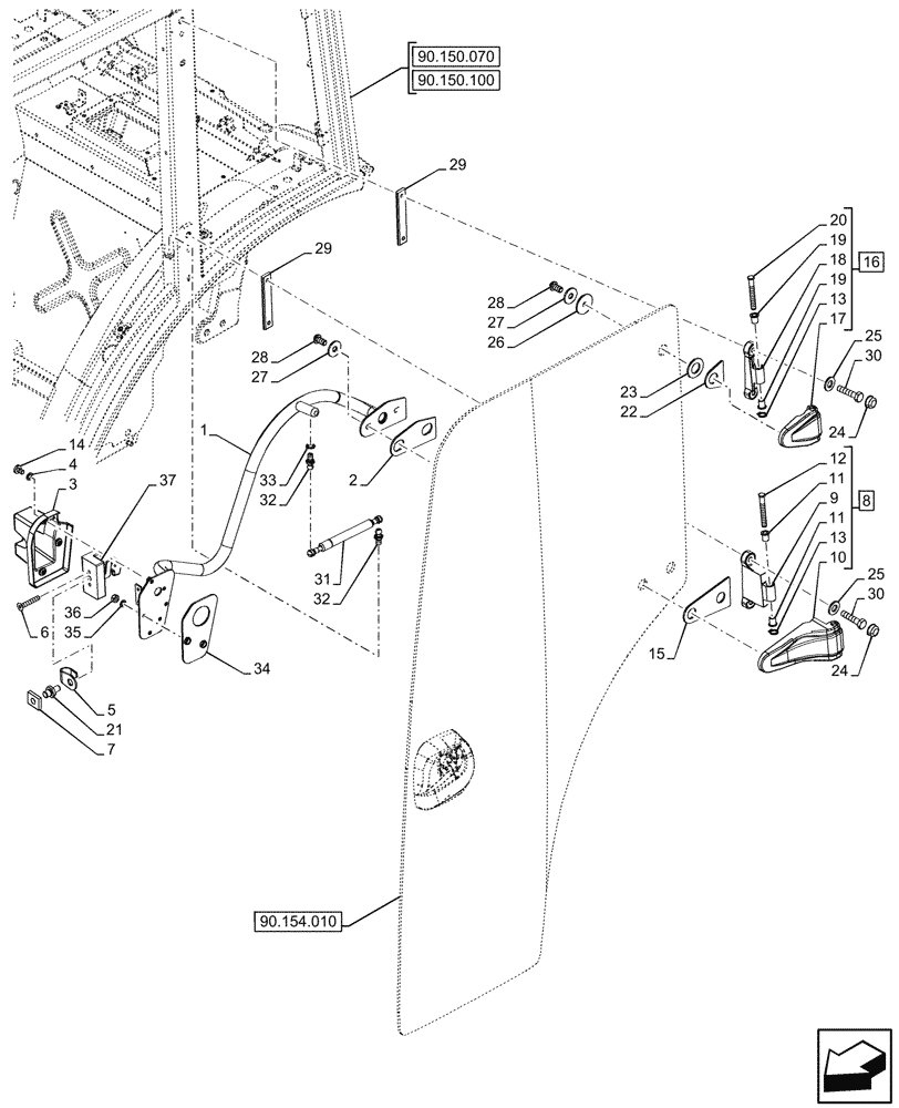Схема запчастей Case IH FARMALL 90V - (90.154.020) - VAR - 759031, 759033 - DOOR HANDLE, GLASS, SEAL, CAB (90) - PLATFORM, CAB, BODYWORK AND DECALS