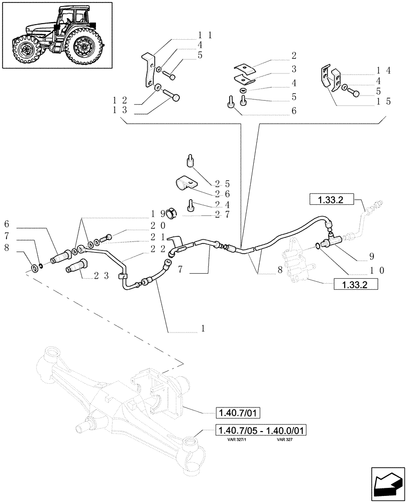 Схема запчастей Case IH JX1070U - (1.33.2/13) - (VAR.327-327/1) FRONT DIFFERENTIAL HYDRAULIC LOCKING - PIPES (04) - FRONT AXLE & STEERING
