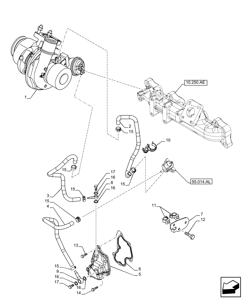 Схема запчастей Case IH F5GFL413A B013 - (10.250.AC) - TURBOCHARGER (10) - ENGINE