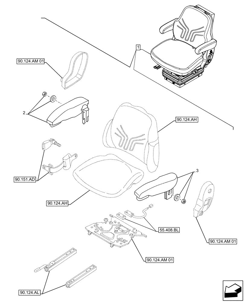 Схема запчастей Case IH FARMALL 140A - (90.124.AD) - VAR - 336923 - DRIVER SEAT (15° SWIVEL), ARMREST, CAB (90) - PLATFORM, CAB, BODYWORK AND DECALS