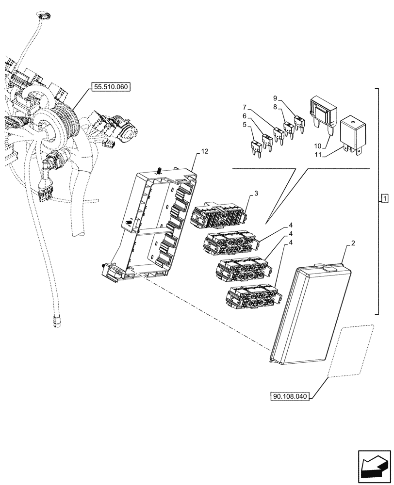 Схема запчастей Case IH FARMALL 110N - (55.100.060) - VAR - 341387 - FUSE BOX, 2WD, W/O CAB (55) - ELECTRICAL SYSTEMS