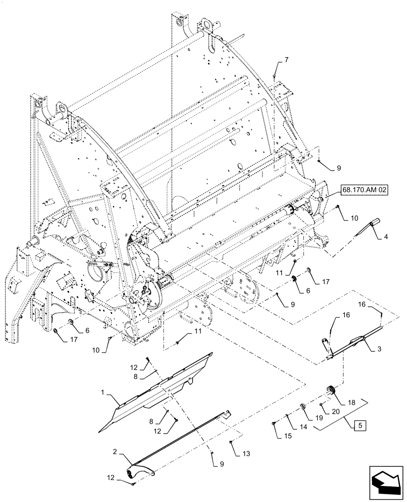 Схема запчастей Case IH RB565 - (68.170.AM[04]) - VAR - 726666, 726964 - NET WRAP NET BRAKE AND SHIELD, YFN188619 AND AFTER (68) - TYING/WRAPPING