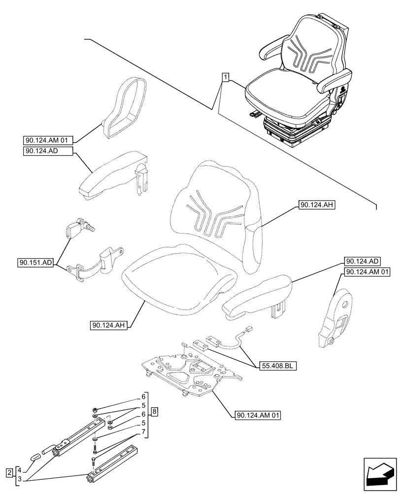 Схема запчастей Case IH FARMALL 110A - (90.124.AL) - VAR - 336923 - DRIVER SEAT (W/ ARMREST, 15° SWIVEL), RAIL ASSY, CAB (90) - PLATFORM, CAB, BODYWORK AND DECALS