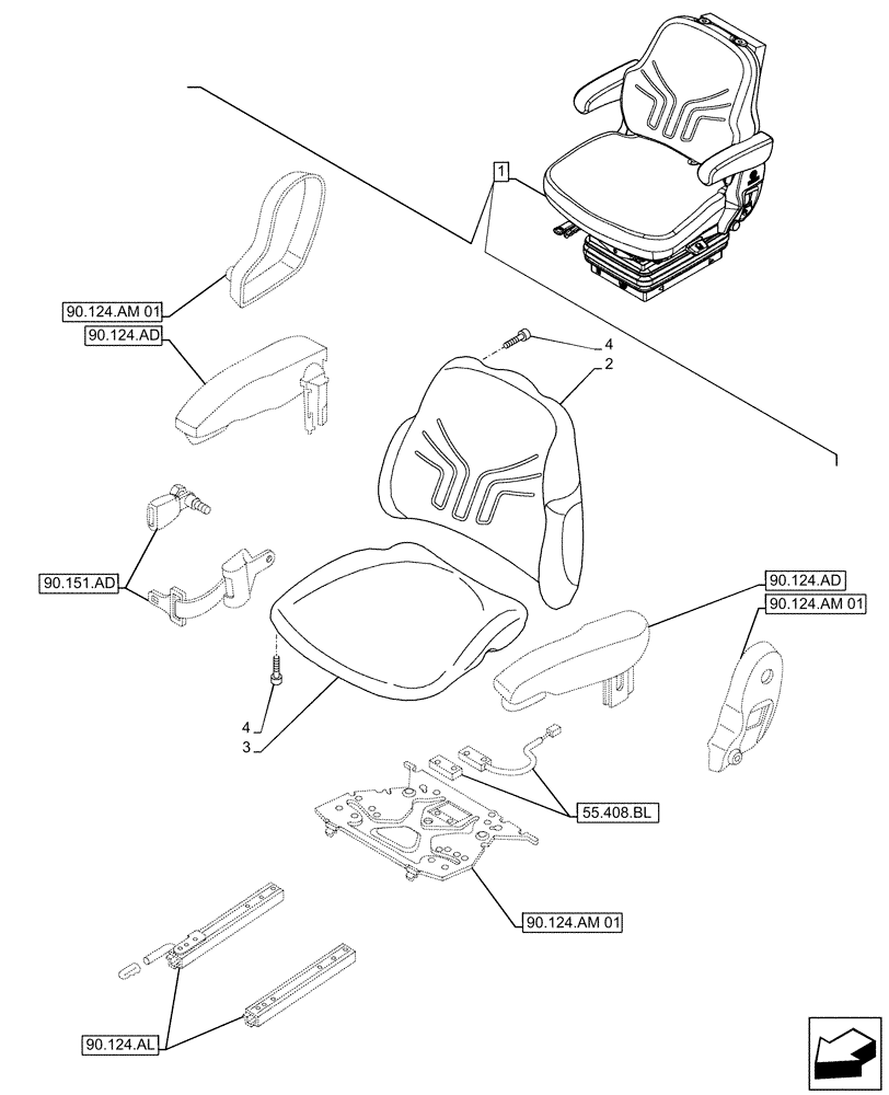 Схема запчастей Case IH FARMALL 140A - (90.124.AH) - VAR - 336923 - DRIVER SEAT (W/ ARMREST, 15° SWIVEL), CUSHION, CAB (90) - PLATFORM, CAB, BODYWORK AND DECALS