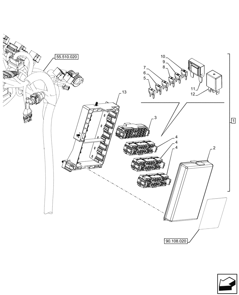 Схема запчастей Case IH FARMALL 110V - (55.100.030) - VAR - 341387 - FUSE BOX, 2WD, CAB (55) - ELECTRICAL SYSTEMS