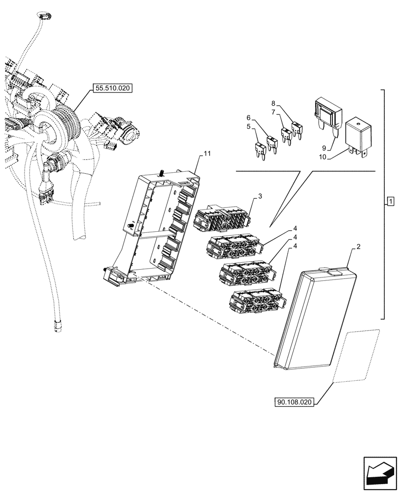 Схема запчастей Case IH FARMALL 110V - (55.100.020) - VAR - 341065 - FUSE BOX, 4WD, W/O CAB (55) - ELECTRICAL SYSTEMS