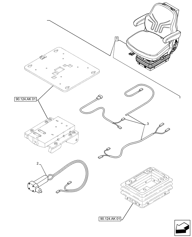 Схема запчастей Case IH FARMALL 130A - (90.124.AN) - VAR - 336923 - DRIVER SEAT (W/ ARMREST, 15° SWIVEL), AIR COMPRESSOR, HARNESS, CAB (90) - PLATFORM, CAB, BODYWORK AND DECALS