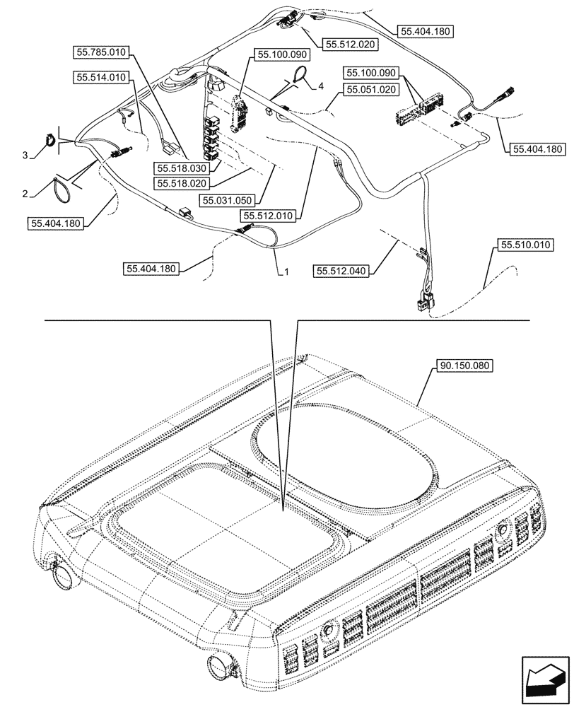 Схема запчастей Case IH FARMALL 80N - (55.510.150) - VAR - 342274, 759033 - ROOF, HARNESS, CAB (55) - ELECTRICAL SYSTEMS