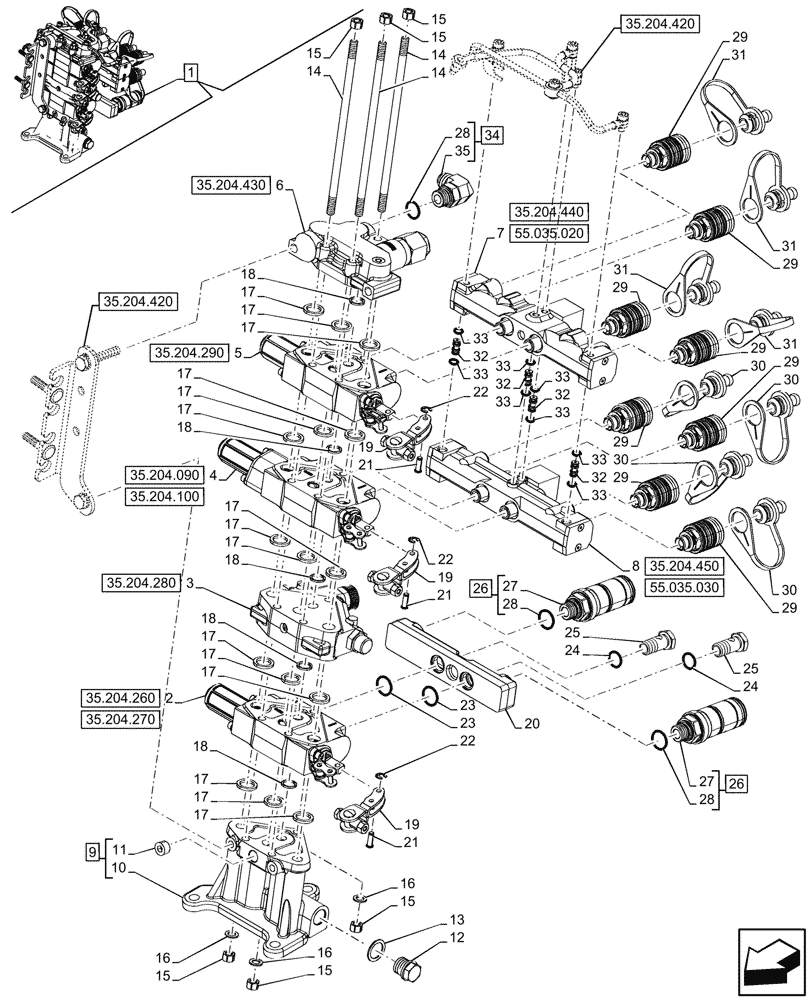 Схема запчастей Case IH FARMALL 100N - (35.204.410) - VAR - 759024 - 3 REMOTE CONTROL VALVES, W/ DIVERTER, COMPONENTS (MDC) (35) - HYDRAULIC SYSTEMS