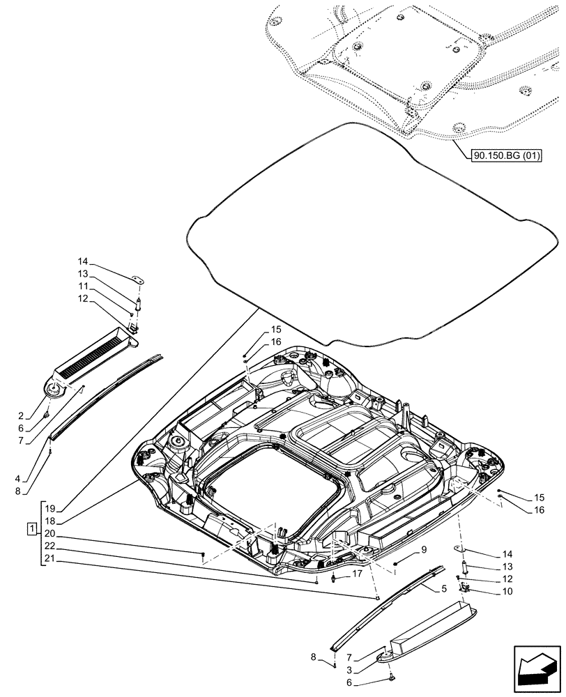 Схема запчастей Case IH MAXXUM 145 - (90.150.BG[02]) - VAR - 392209 - CAB ROOF, HIGH PROFILE ROOF, W/ HIGH VISIBILITY PANEL, FRAME (90) - PLATFORM, CAB, BODYWORK AND DECALS