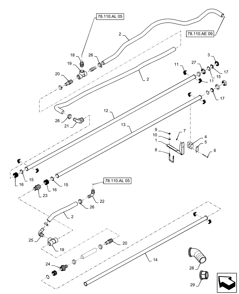 Схема запчастей Case IH PATRIOT 4440 - (78.110.AE[35]) - SPRAYBAR, 90 / 100, 6 SECTION, 20" SPACING, LH INNER, BSN YGT 044001 (78) - SPRAYING