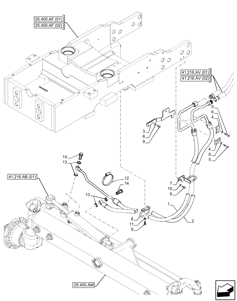 Схема запчастей Case IH FARMALL 120C - (41.216.AV[06]) - VAR - 334216, 334218 - HYDRAULIC STEERING, LINE, STEERING CYLINDER, 2WD (41) - STEERING