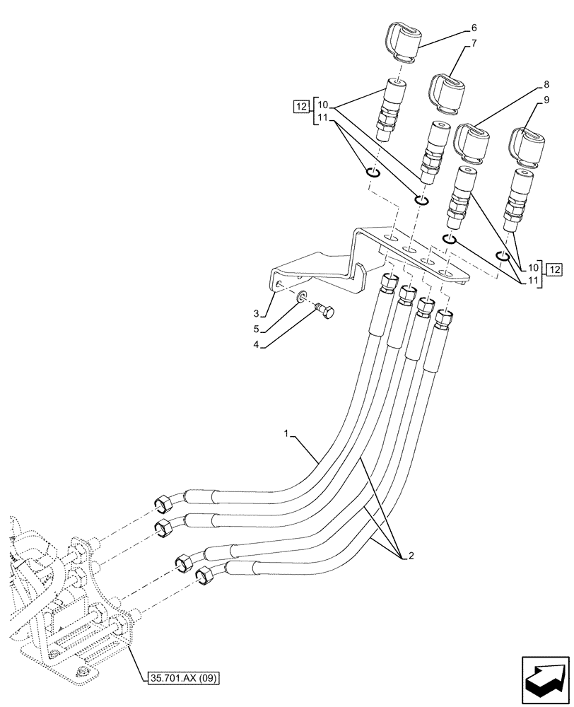 Схема запчастей Case IH FARMALL 100C - (35.701.AX[10]) - VAR - 336914, 336732, 336734, 336736, 336740, 336742, 336744, 336746 - FRONT LOADER, MID-MOUNT CONTROL VALVE, HYDRAULIC LINE (35) - HYDRAULIC SYSTEMS