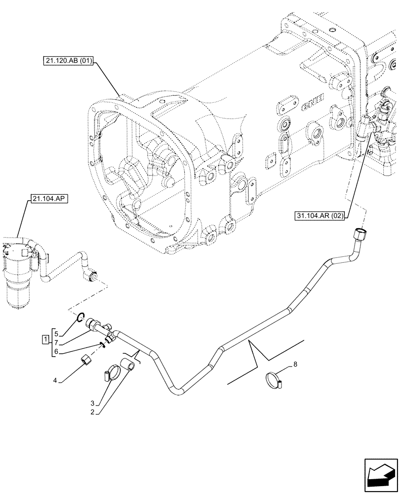 Схема запчастей Case IH FARMALL 120C - (21.104.AD[02]) - VAR - 330581, 390228, 743559 - LUBRICATION LINE, W/ MECHANICAL ENGAGEMENT, CAB (21) - TRANSMISSION