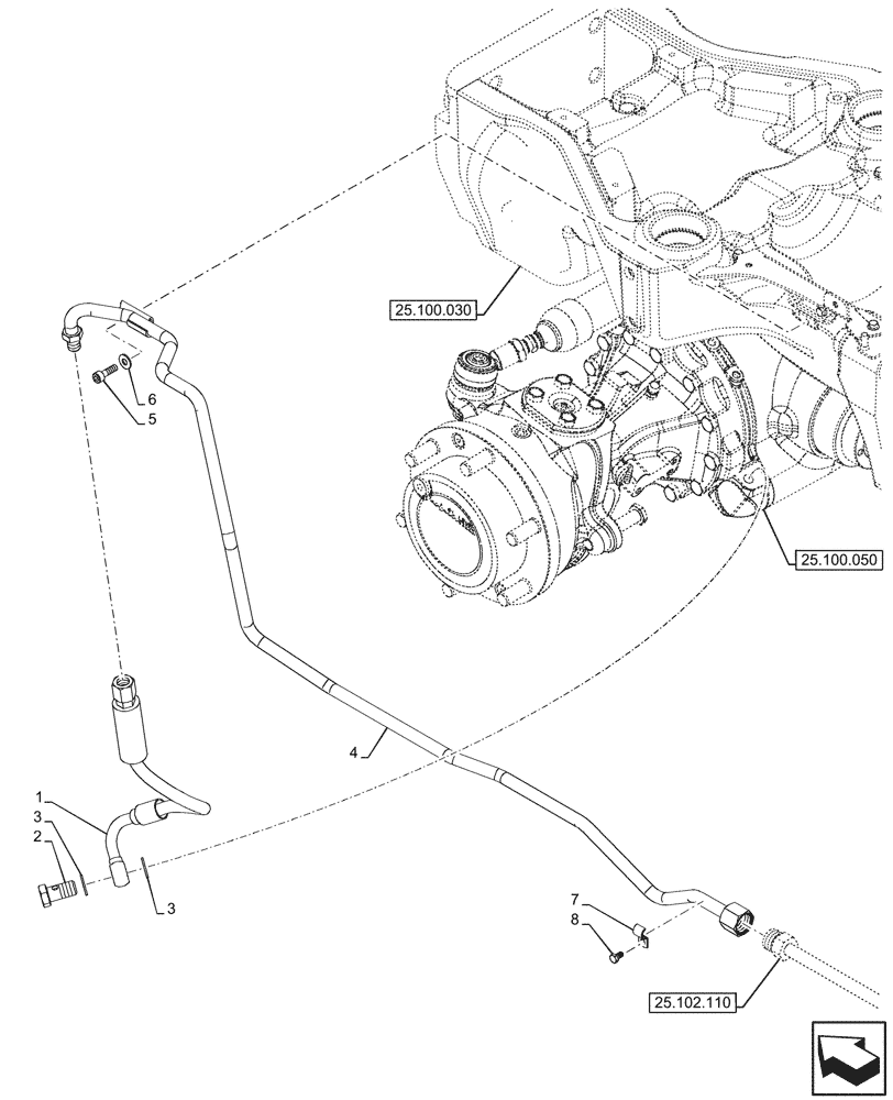 Схема запчастей Case IH FARMALL 80V - (25.102.170) - VAR - 336329, 744473 - 4WD FRONT AXLE, W/ ELECTROHYDRAULIC DIFFERENTIAL LOCK, W/ FRONT BRAKES, HYDRAULIC LINE (25) - FRONT AXLE SYSTEM