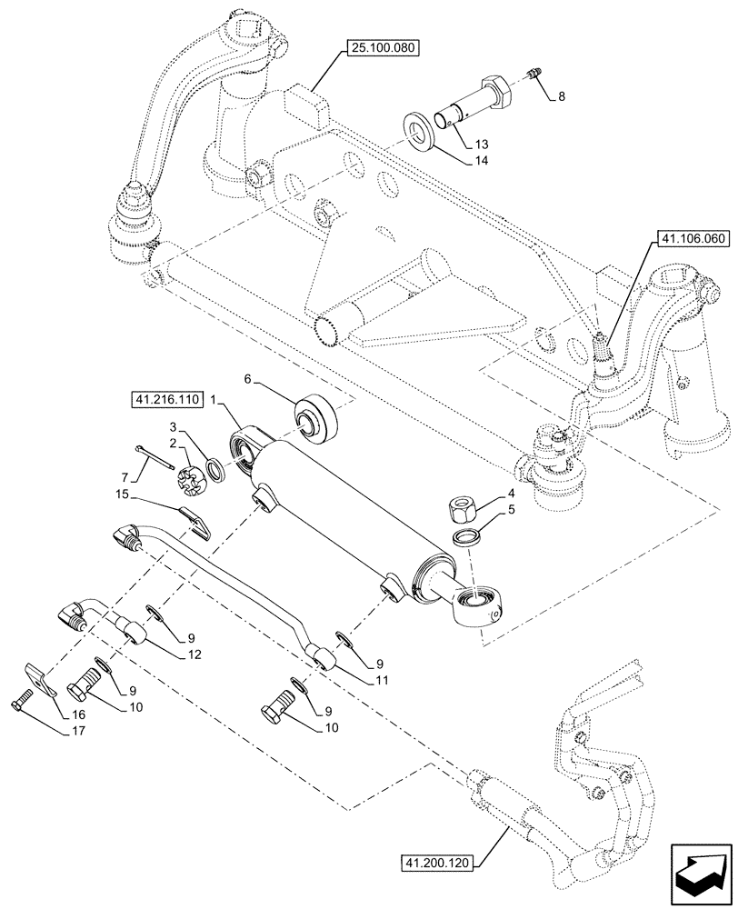 Схема запчастей Case IH FARMALL 80V - (41.216.100) - VAR - 743515 - 2WD FRONT AXLE, W/ ELECTROHYDRAULIC DIFFERENTIAL LOCK, STEERING CYLINDER, HYDR LINES (41) - STEERING