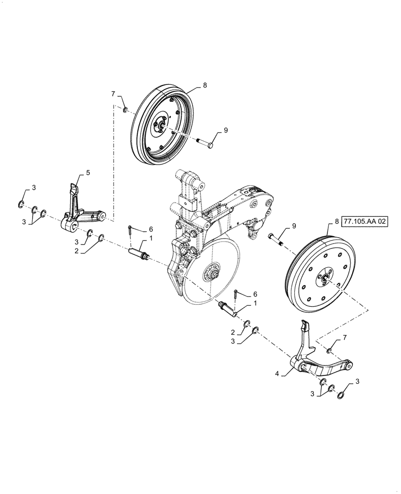 Схема запчастей Case IH 2150 - (77.105.AA[01]) - FRONT LEFT LEADING NARROW GAUGE WHEEL (77) - SEEDING/PLANTING