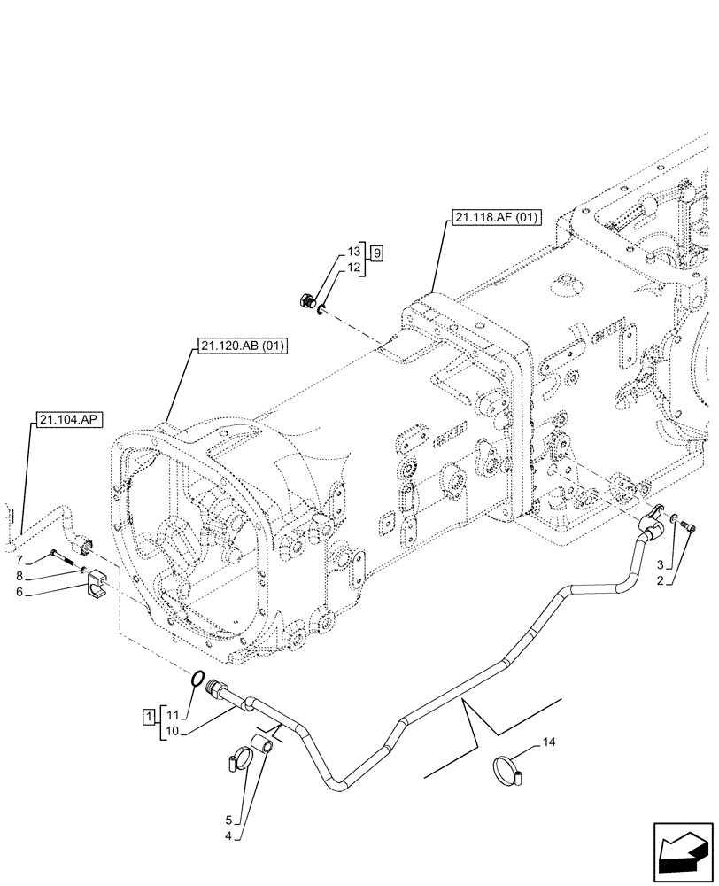 Схема запчастей Case IH FARMALL 110C - (21.104.AD[01]) - VAR - 330581, 390328, 743559 - LUBRICATION LINE, W/ MECHANICAL ENGAGEMENT, W/O CAB (21) - TRANSMISSION