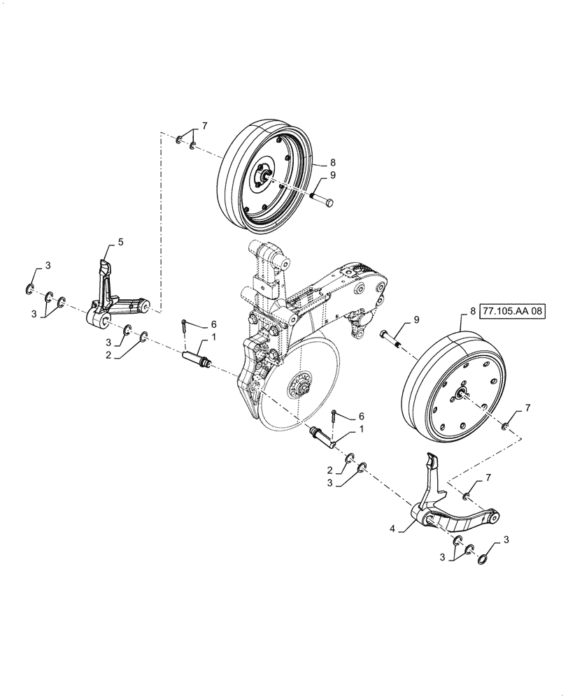 Схема запчастей Case IH 2150 - (77.105.AA[07]) - FRONT LEFT LEADING FLAT STANDARD GAUGE WHEEL (77) - SEEDING/PLANTING