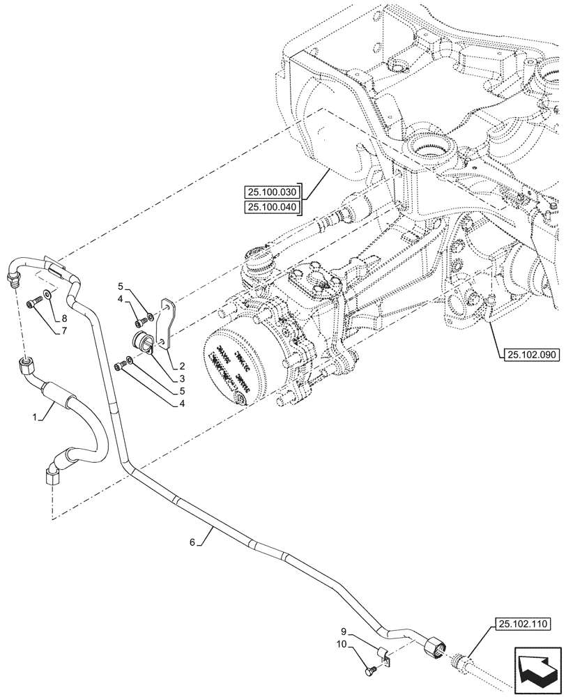 Схема запчастей Case IH FARMALL 90N - (25.102.100) - VAR - 336329, 744473 - 4WD FRONT AXLE, W/ ELECTROHYDRAULIC DIFFERENTIAL LOCK, HYDRAULIC LINE (25) - FRONT AXLE SYSTEM