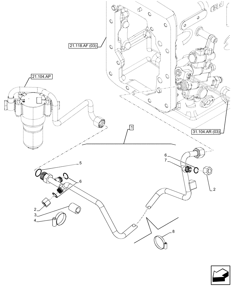 Схема запчастей Case IH FARMALL 100C - (21.104.AD[03]) - VAR - 744580, 744581, 744990 - LUBRICATION LINE, W/ ELECTROHYDRAULIC ENGAGEMENT (21) - TRANSMISSION