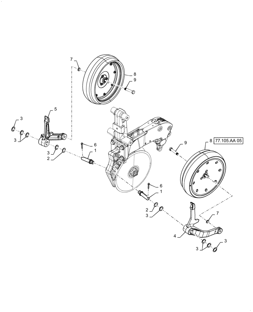 Схема запчастей Case IH 2150 - (77.105.AA[04]) - FRONT LEFT LEADING STANARD GAUGE WHEEL (77) - SEEDING/PLANTING