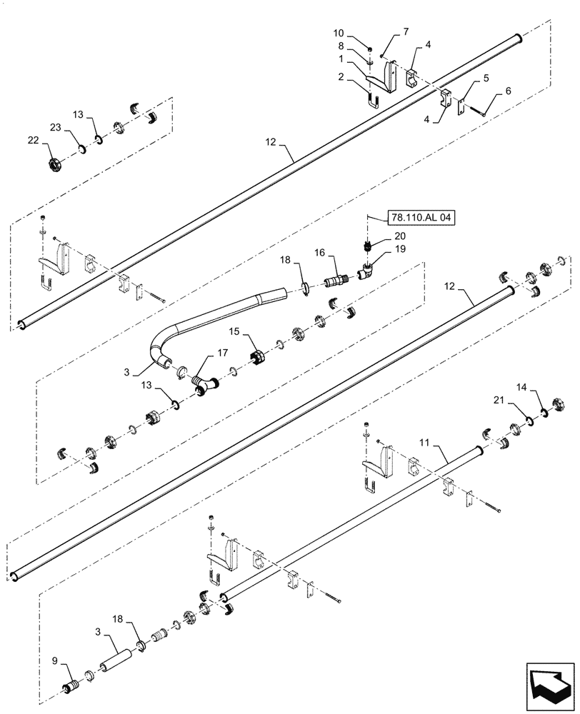 Схема запчастей Case IH PATRIOT 3240 - (78.110.AE[09]) - SPRAYBAR, 90, 5 SECTION, 20/30" SPACING, RH INNER, BSN YGT042519 (78) - SPRAYING