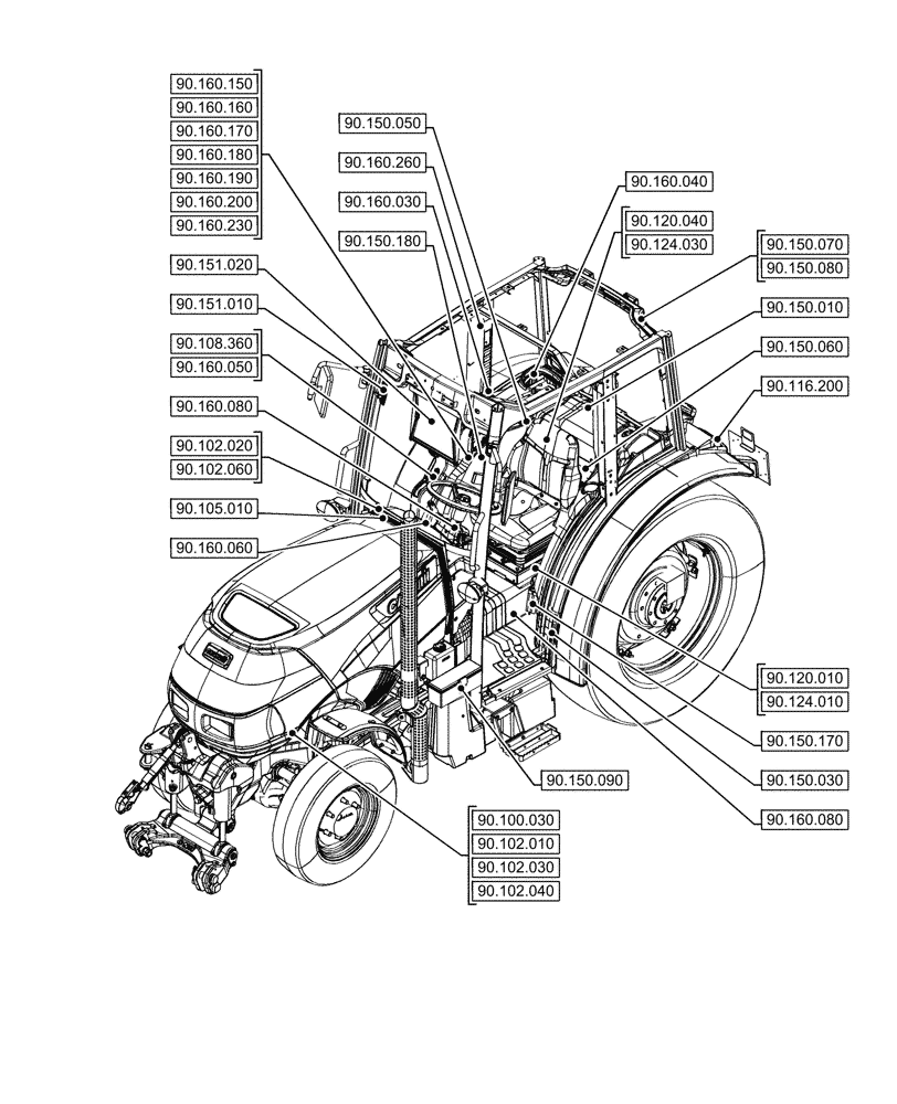 Схема запчастей Case IH FARMALL 80N - (00.000.90[04]) - PICTORIAL INDEX - PLATFORM, CAB, BODYWORK AND DECALS (00) - GENERAL & PICTORIAL INDEX