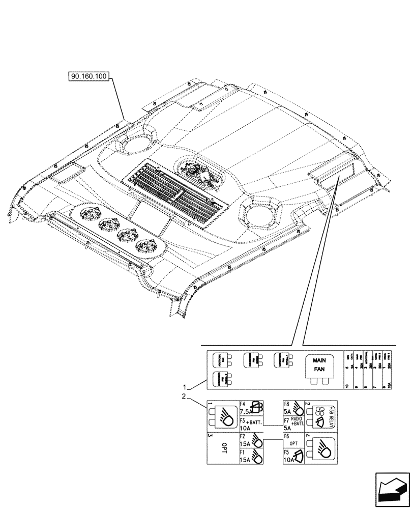 Схема запчастей Case IH FARMALL 110N - (90.108.140) - VAR - 342273, 342274, 759031, 759033 - ROOF, HARNESS, FUSE BOX, DECAL, CAB (90) - PLATFORM, CAB, BODYWORK AND DECALS