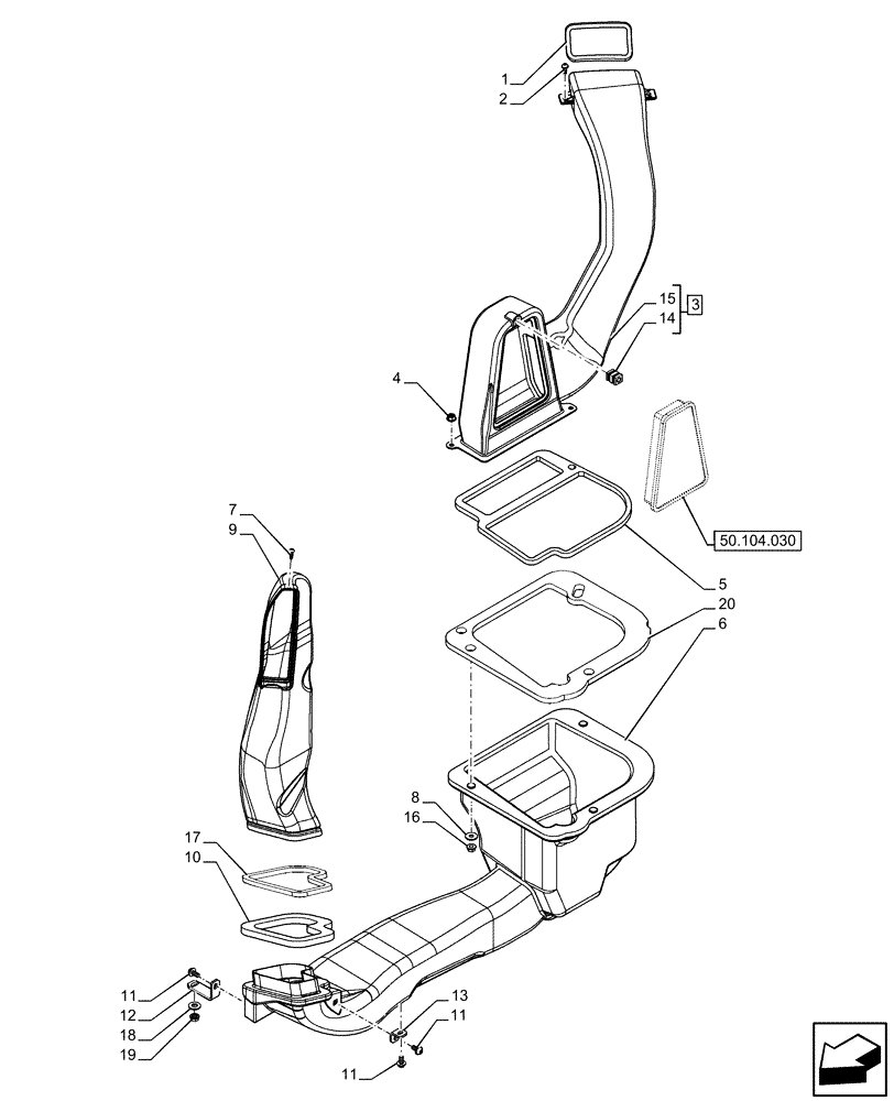 Схема запчастей Case IH FARMALL 110U - (50.104.050) - VAR - 332147, 335387, 339434, 391246 - HEATING SYSTEM, VENTILATOR, AIR DUCT, RH (50) - CAB CLIMATE CONTROL