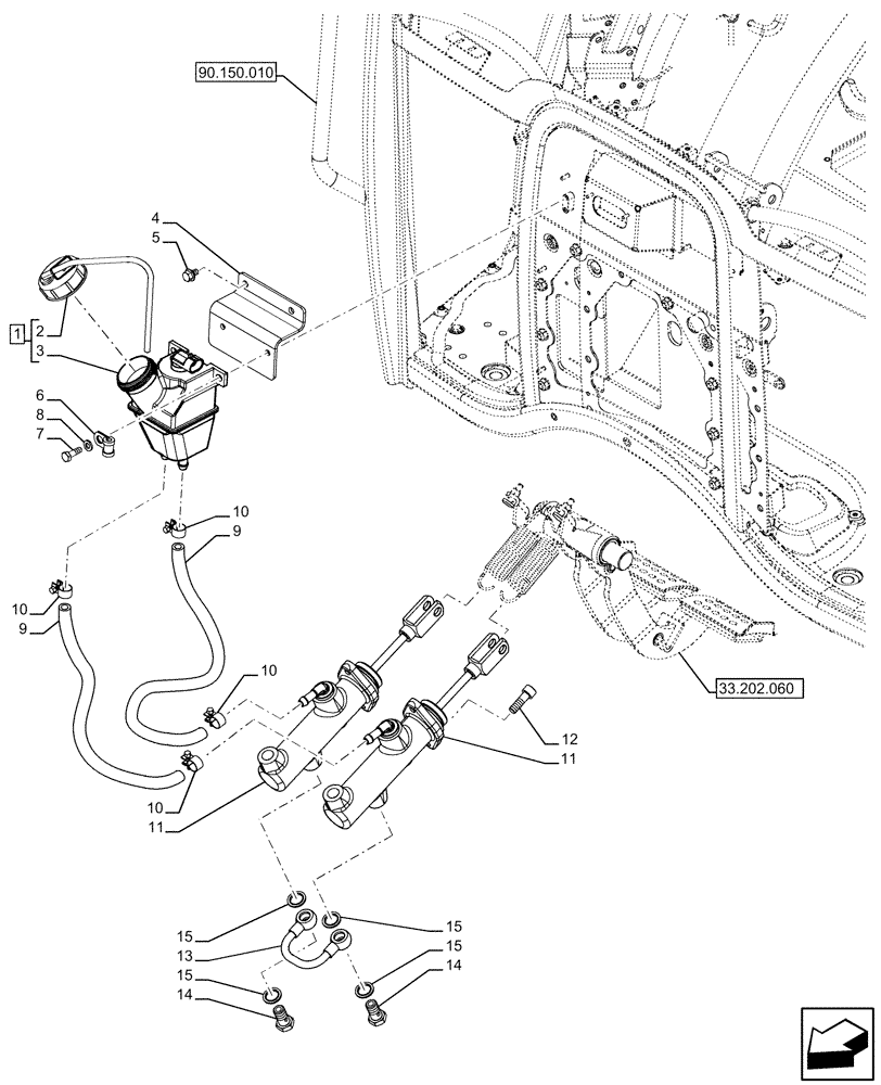 Схема запчастей Case IH FARMALL 110U - (33.202.080) - VAR - 332147, 339434 - BRAKE RESERVOIR, BRAKE CYLINDER (33) - BRAKES & CONTROLS