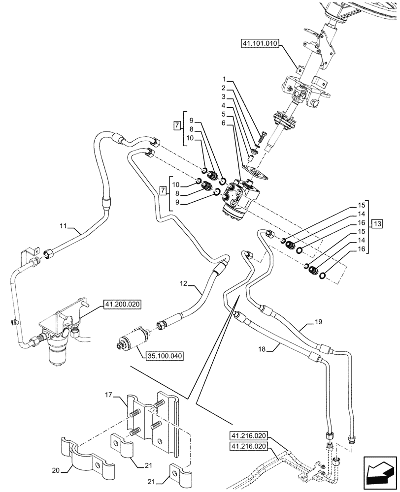 Схема запчастей Case IH FARMALL 110U - (41.200.030) - VAR - 332147, 335387, 339434, 391246 - STEERING VALVE, HYDR LINES (41) - STEERING