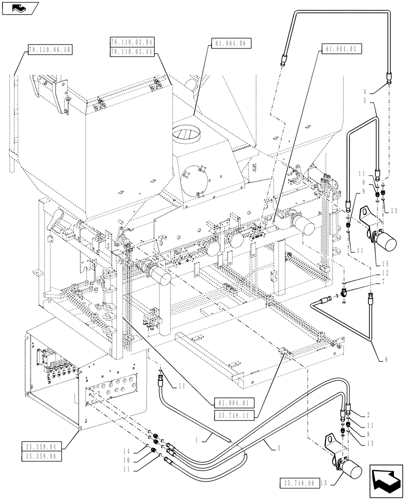 Схема запчастей Case IH 810 - (35.748.08) - DOUBLE BIN HOSE AND FITTINGS (35) - HYDRAULIC SYSTEMS